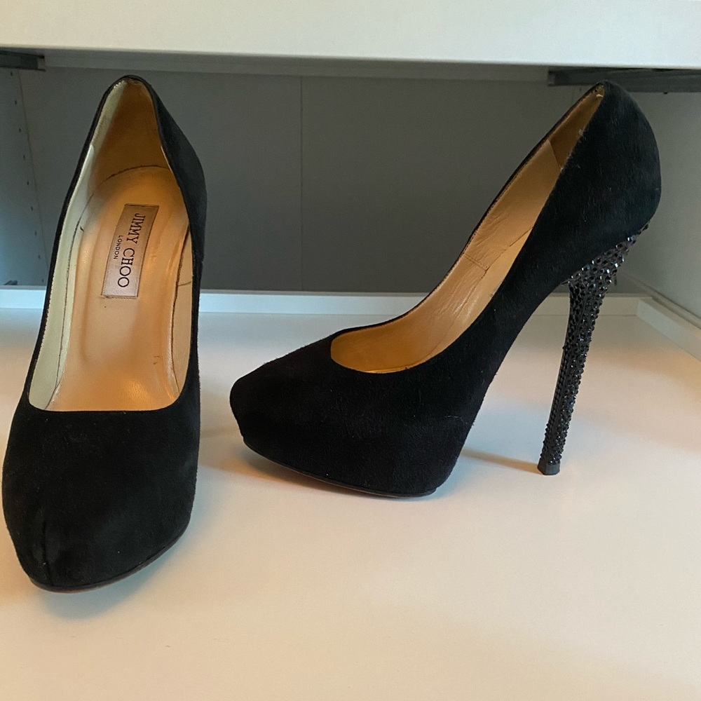 Jimmy Choo Black Platform Heel with Swarovski detailed Heel, 38